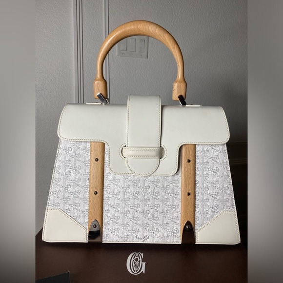Goyard Goyardine Saigon MM wooden Handle White Gray Large w/ Box +  Dustbag - Picture 1 of 17